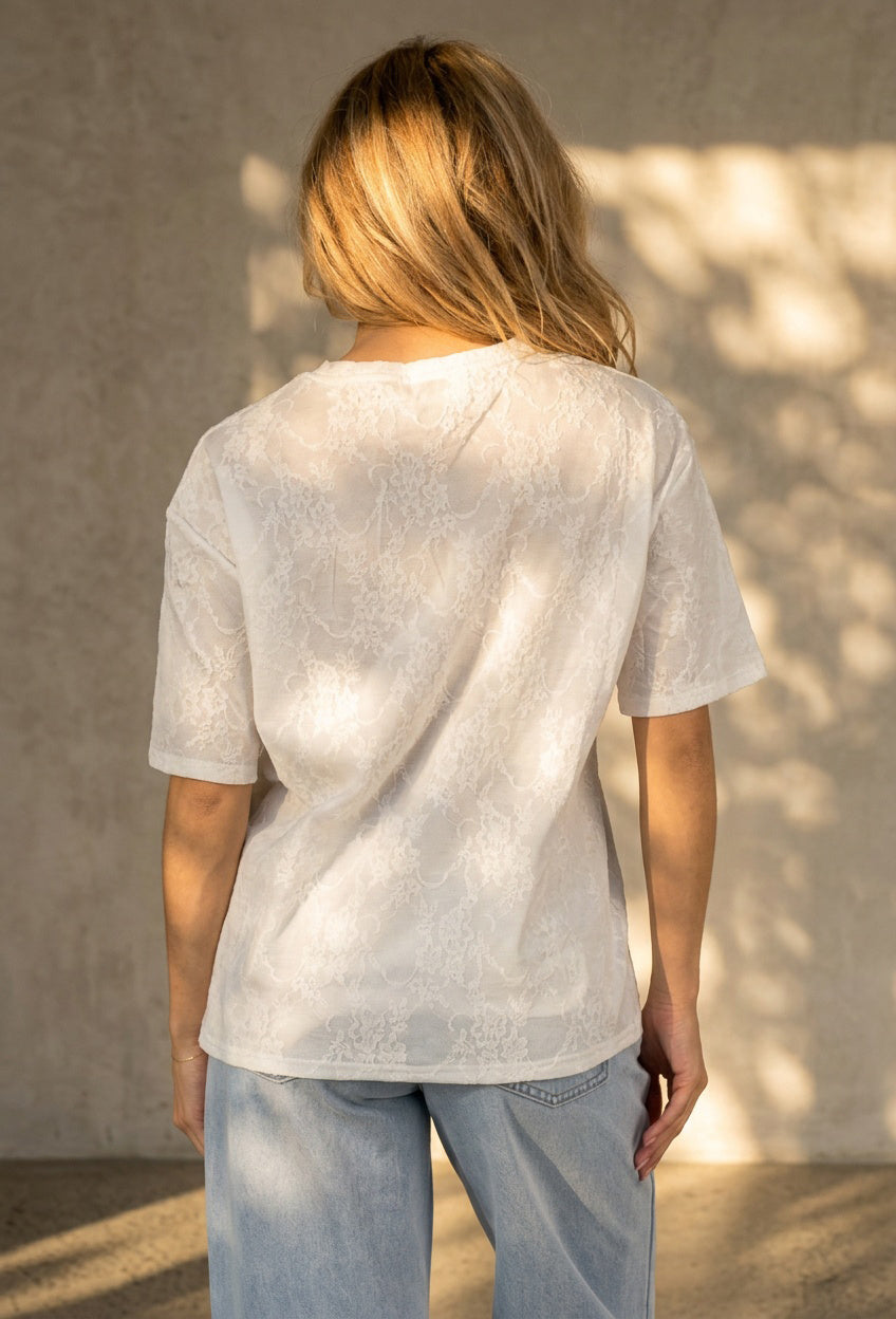 Wit Kanten T-shirt met Korte Mouwen en Ronde Hals
