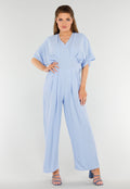 Lichtblauwe Jumpsuit met Wijde Pijpen en Lage V-Hals in Linnenlook