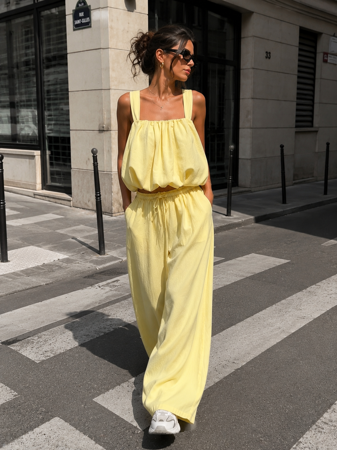 NEW150726 Lichtgele Stretch Two Piece Set met Mouwloze Top en Wide Leg Broek