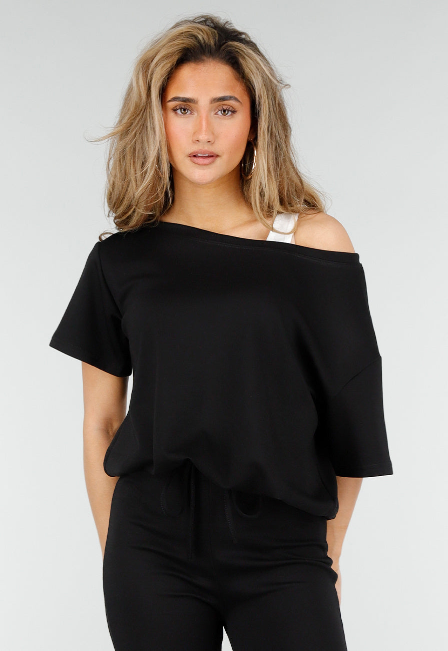 Zwarte One Shoulder Top met Ingewerkte Top en Stretch