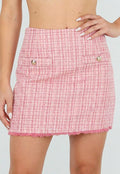 Roze Tweed Mini Rok met Rafelrand en Gouden Knopen