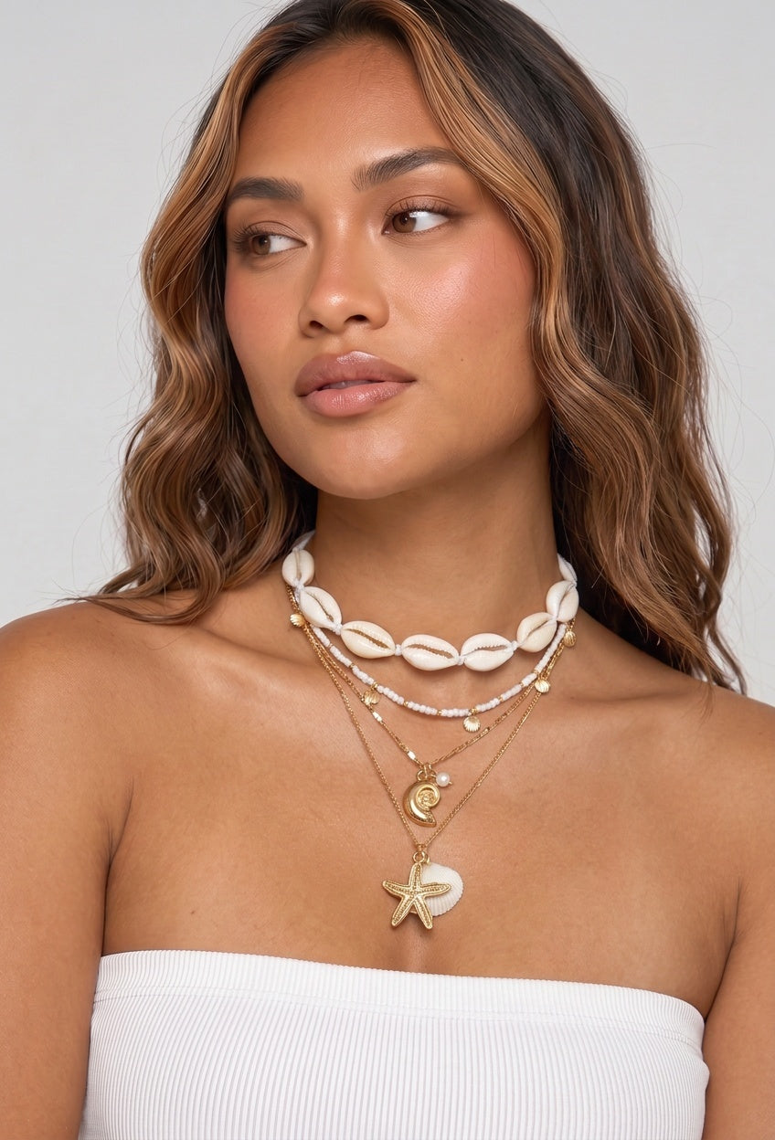 NEW260826 Gouden Kettingen Set met Schelpen, Zeester en Kralen