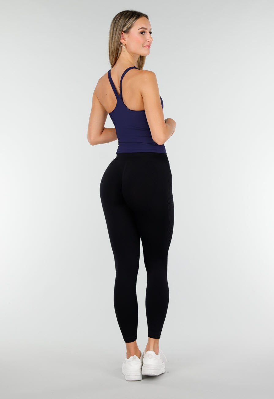 Navy Rib Sporttop met Push-Up Pads en Brede Schouderbanden