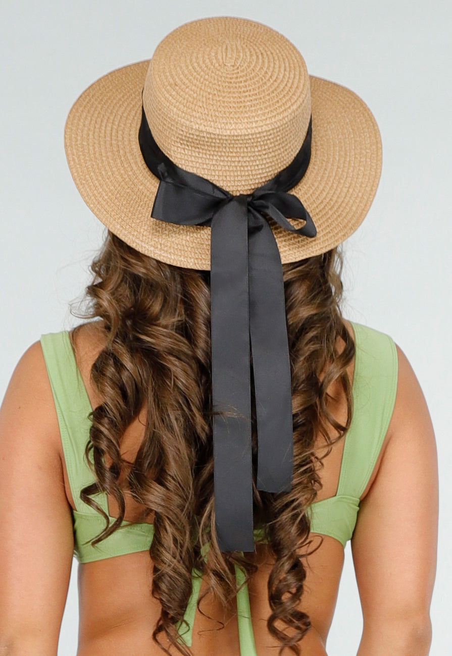 Bruine Raffia Strandhoed met Zwarte Strik