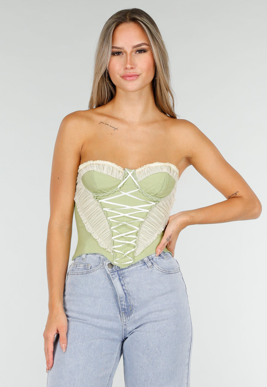 Groen Strapless Korset met Satijnen Veters