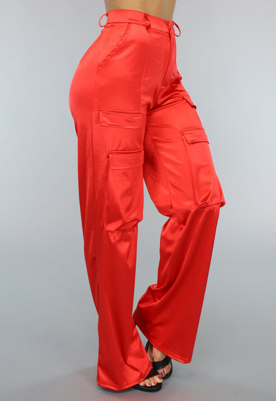 Rode Wide Leg Satin Utility Broek