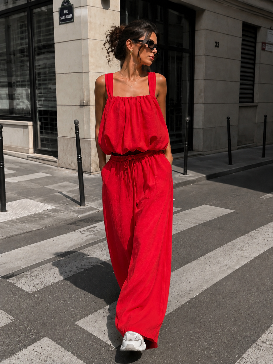 NEW150726 Rode Stretch Two Piece Set met Mouwloze Top en Wide Leg Broek