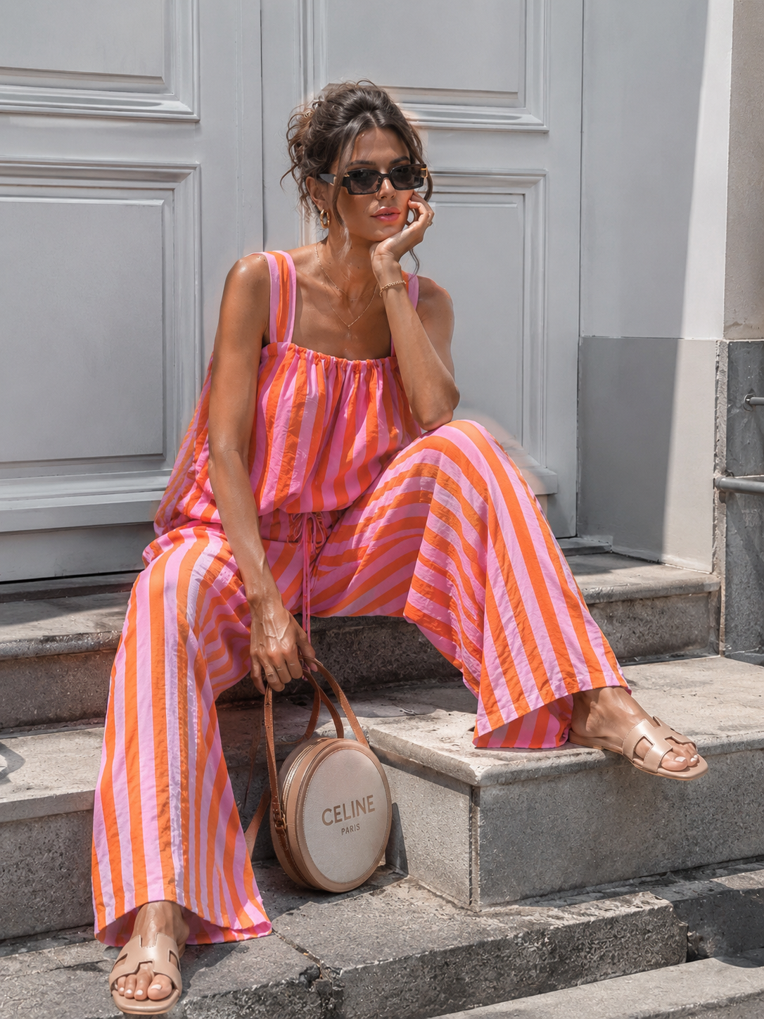 NEW150726 Roze Oranje Gestreepte Tweedelige Set met Wide Leg Broek