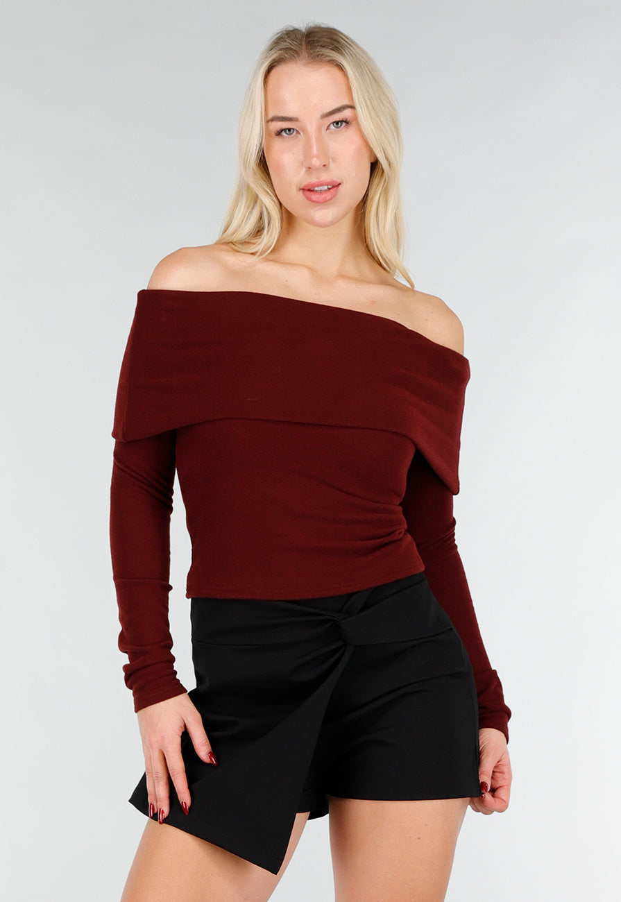 Bordeaux Off Shoulder Top met Lange Mouw