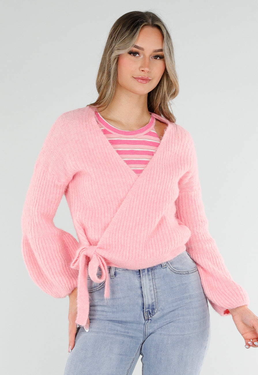 Roze Fijngebreid Overslag Vest met Strikdetail en Ballonmouwen