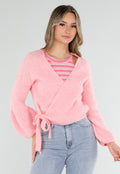 Roze Fijngebreid Overslag Vest met Strikdetail en Ballonmouwen