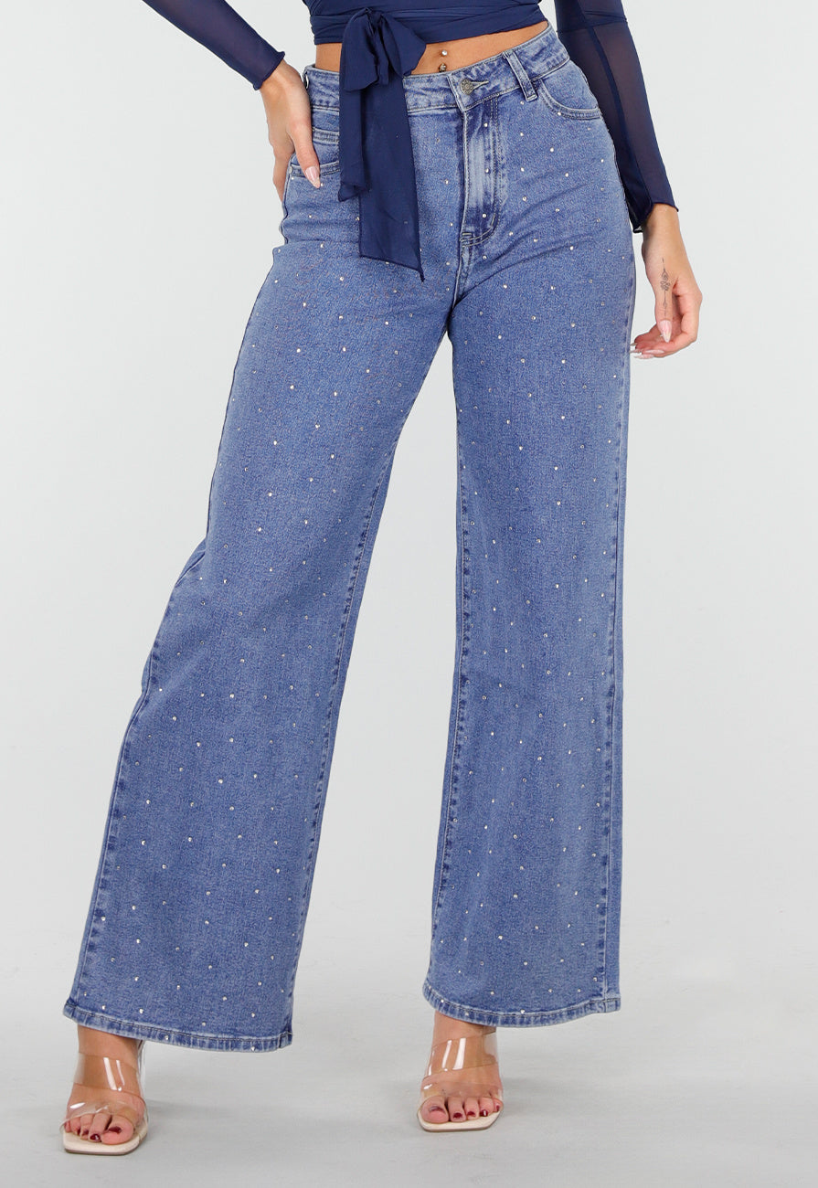 Blauwe Jeans met Stretch en Strassdetails