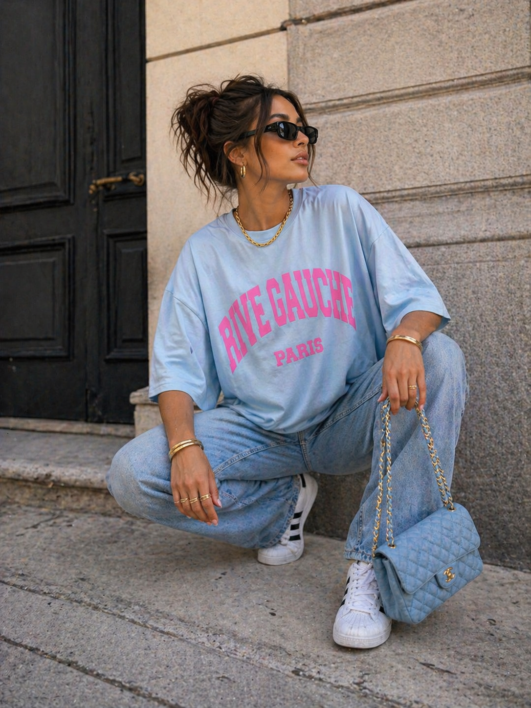 Lichtblauw Oversized T-Shirt met Roze Rive Gauche Tekstprint