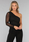 Zwarte One Shoulder Top met Glitters