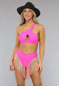 Asymmetrische Neon Roze Bikini Set met Franjes