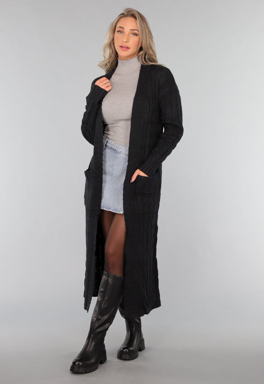 Lange Zwarte Cardigan met Zakken