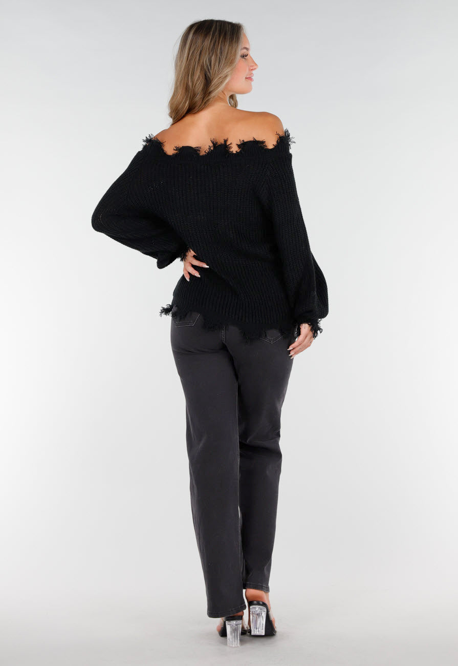 Zwarte Off-Shoulder Trui met Franje Detail