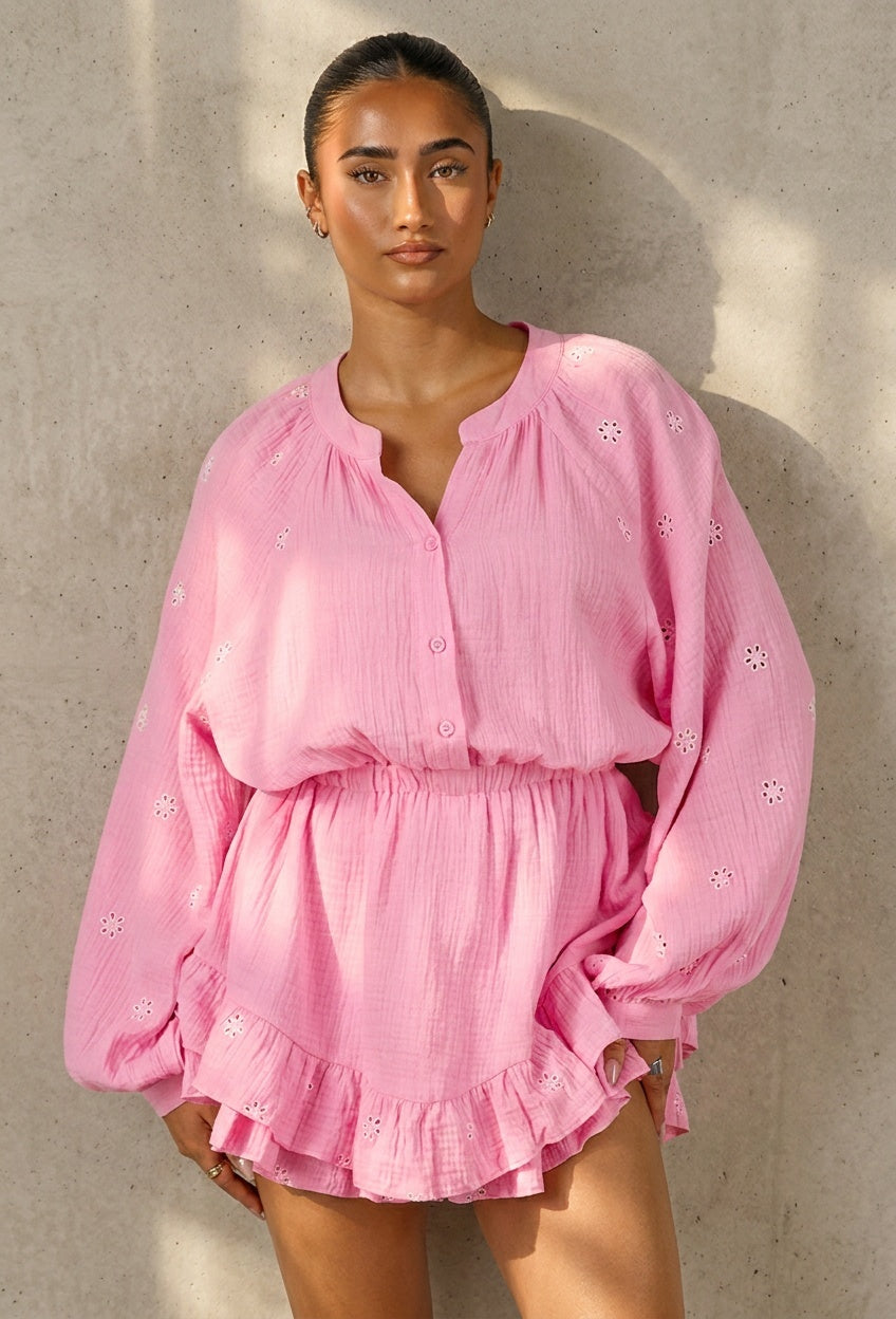 Roze Mousseline Playsuit met Broderie en Volantzoom