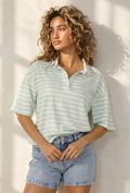 Mintgroene Gestreepte Polo T-shirt met Kraag en Korte Mouwen