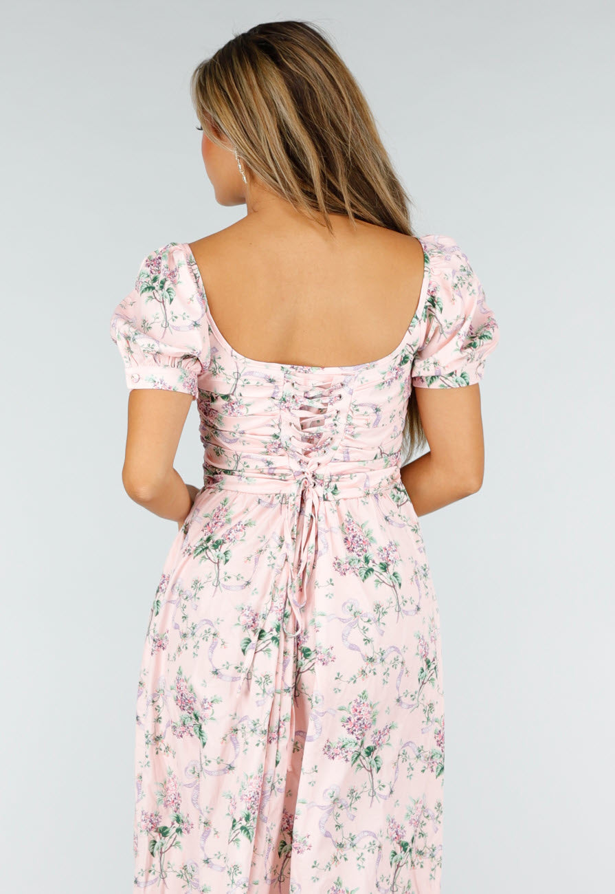 NEW190826 Roze Midi Jurk met Bloemenprint, Pofmouwen en Veterdetail