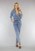 Acid Washed Denim Jumpsuit met Lange Mouwen en Tailleband