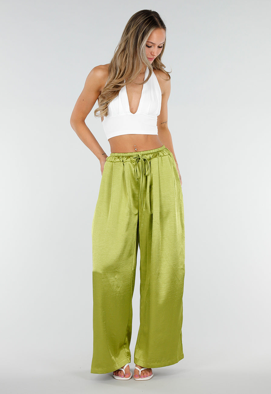 NEW010726 Limoengroene Satijnen Wide Leg Broek met Elastische Taille