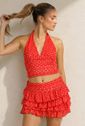 Rode Polkadot Halter Top met Ruffle Skort Set