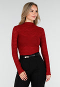 Rode Kant Stretch Top met Lange Mouwen en Hoge Hals