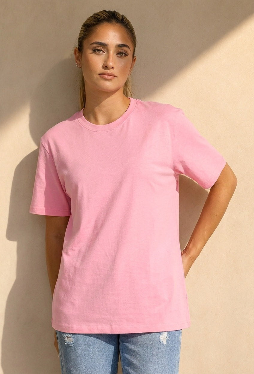 NEW220726 Roze Basic T-Shirt met Ronde Hals en Korte Mouwen