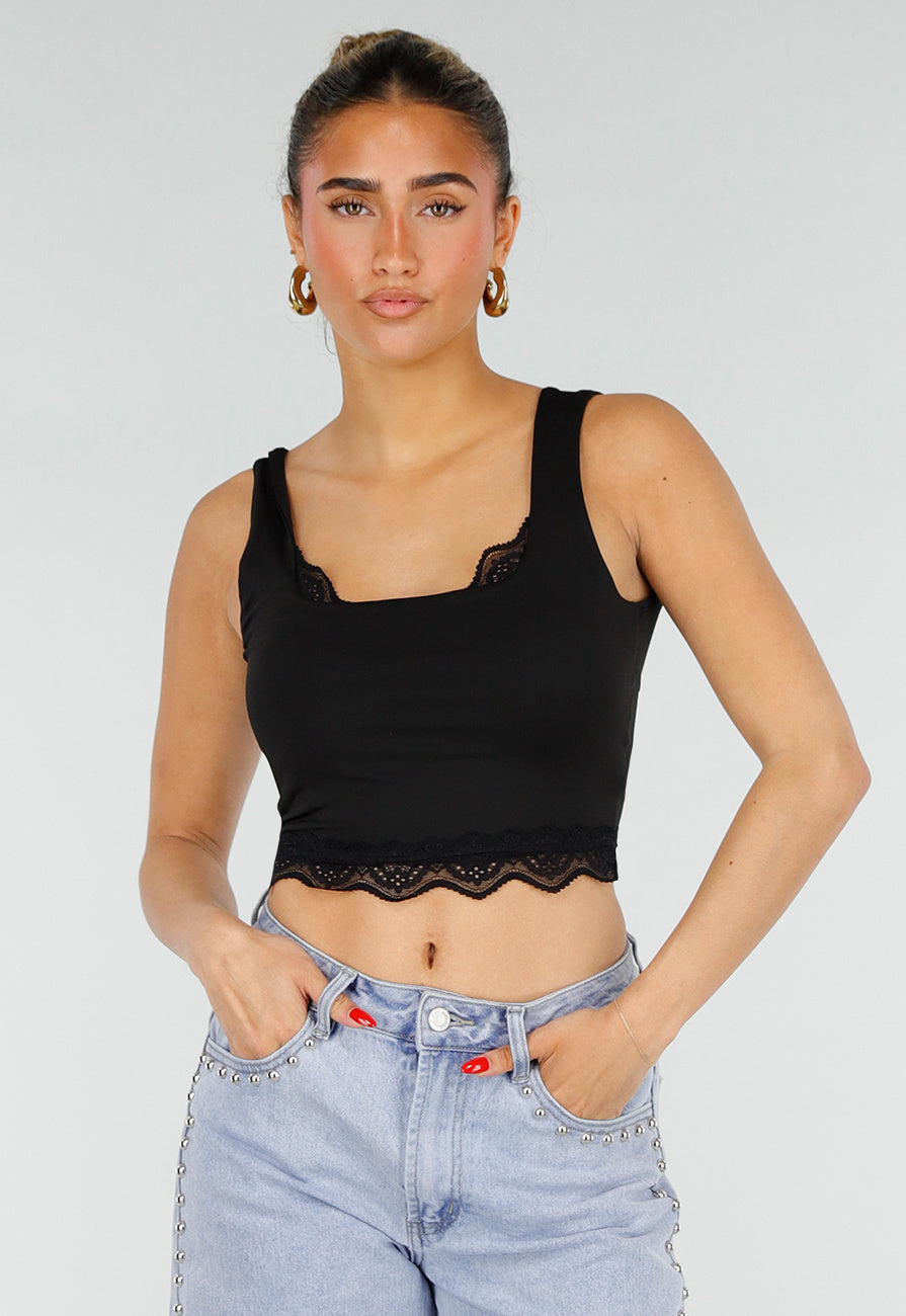 Zwarte Cropped Top met Open Rug en Kant