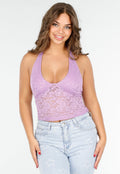 Lila Kanten Halter Crop Top met Diepe V-Hals