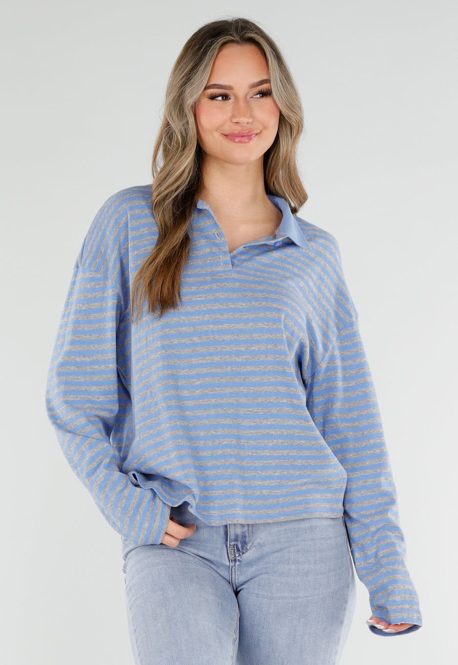 Blauwe Gestreepte Polo Longsleeve met Stretch