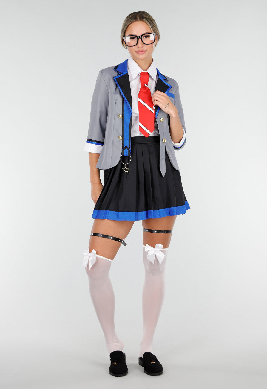 School Uniform Kostuum met Grijze Blazer Blouse Set met Rok en Stropdas