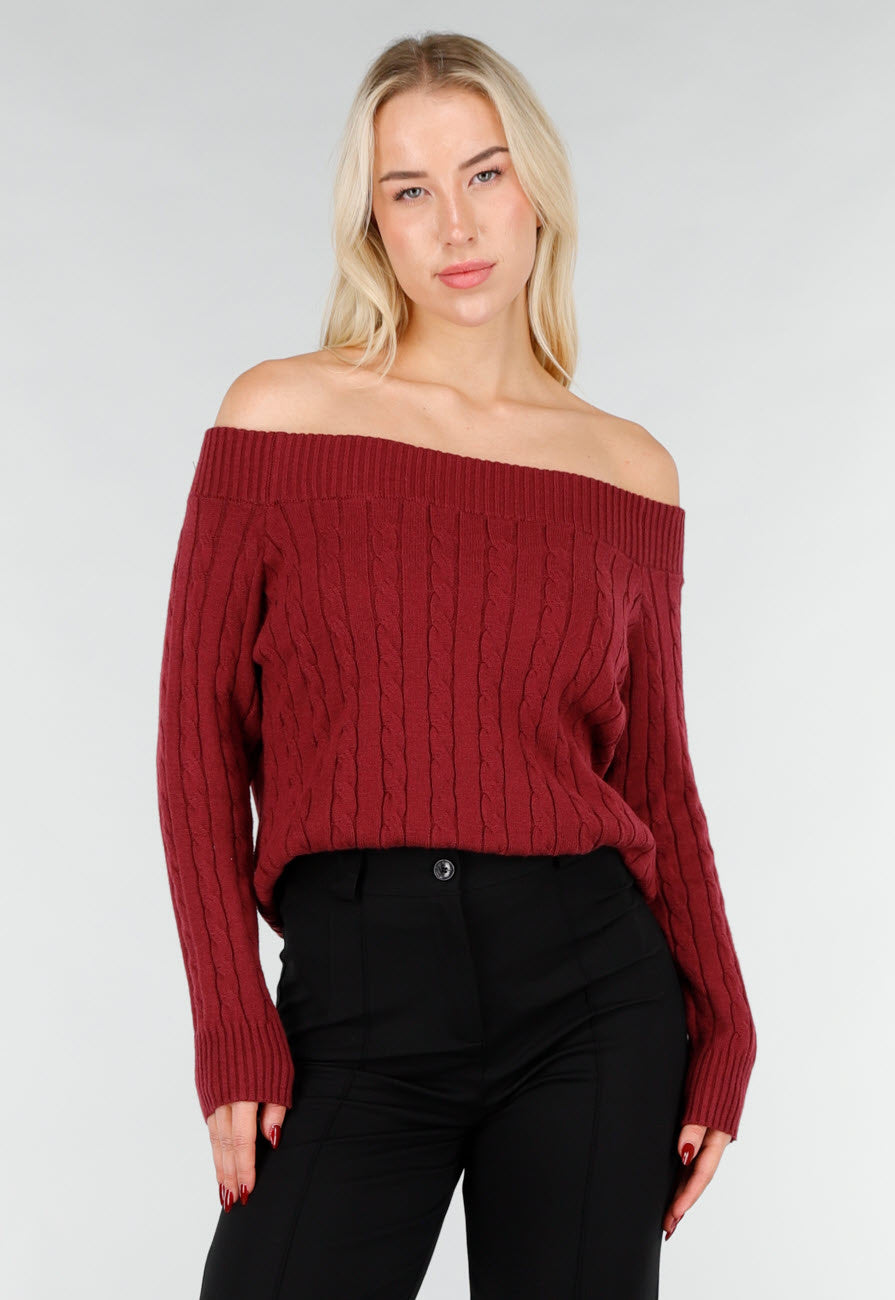Donkerroze Off Shoulder Trui met Kabelpatroon en Brede Halsrand