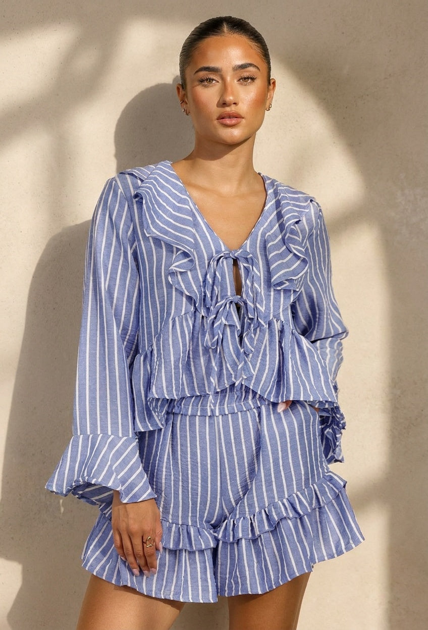 Lila Gestreepte Two Piece Set met Blouse en Rucheshort