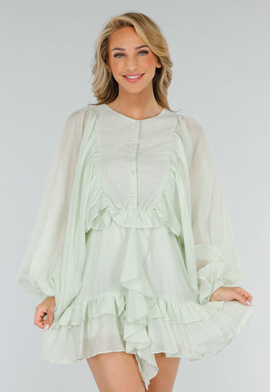 Mintgroene Korte Jurk met Volants, Knoopjes en Ballonmouwen