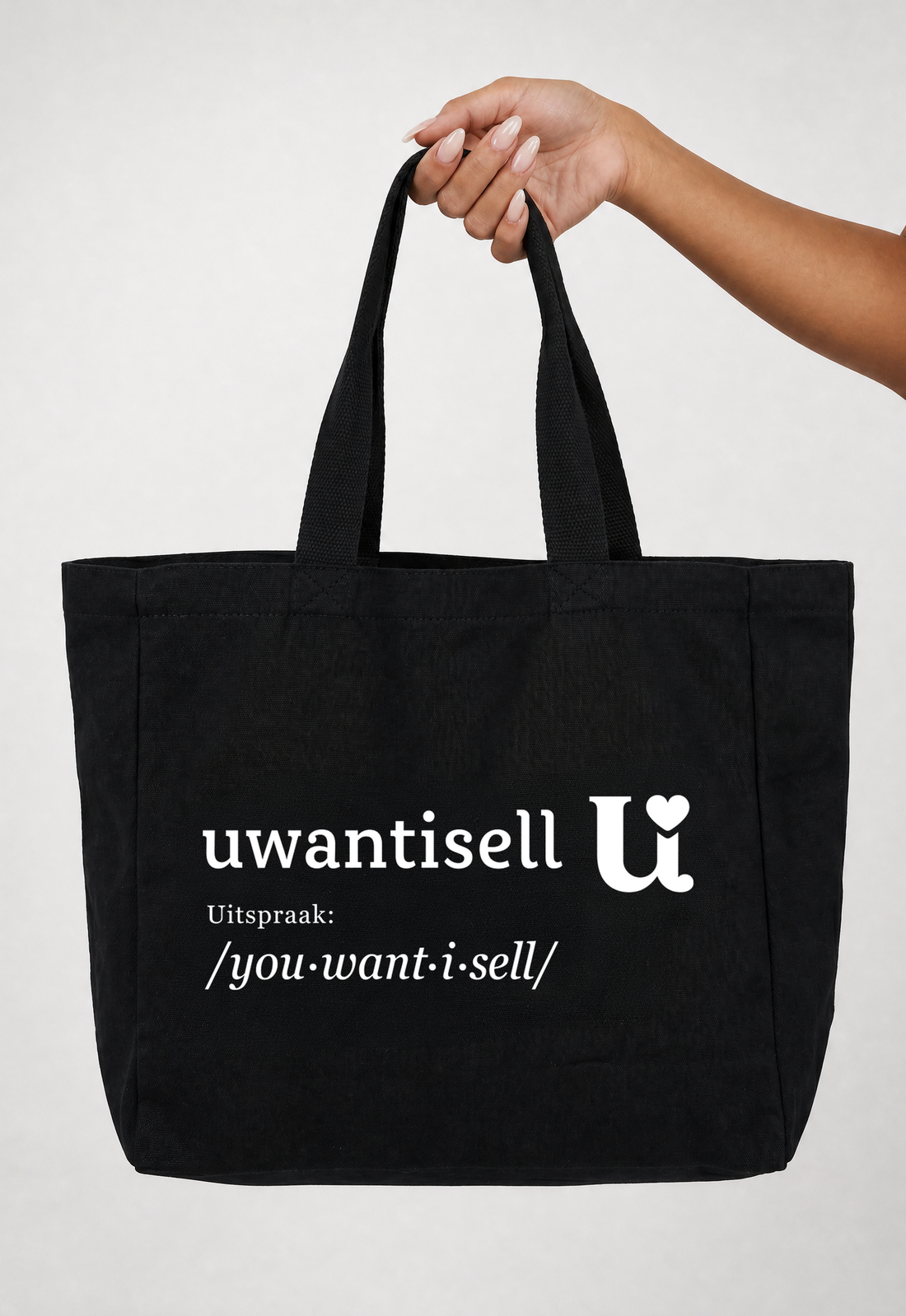 NEW010726 Uwantisell™ Zwarte Canvas Shopper met Dubbele Schouderhengsels en Opdruk