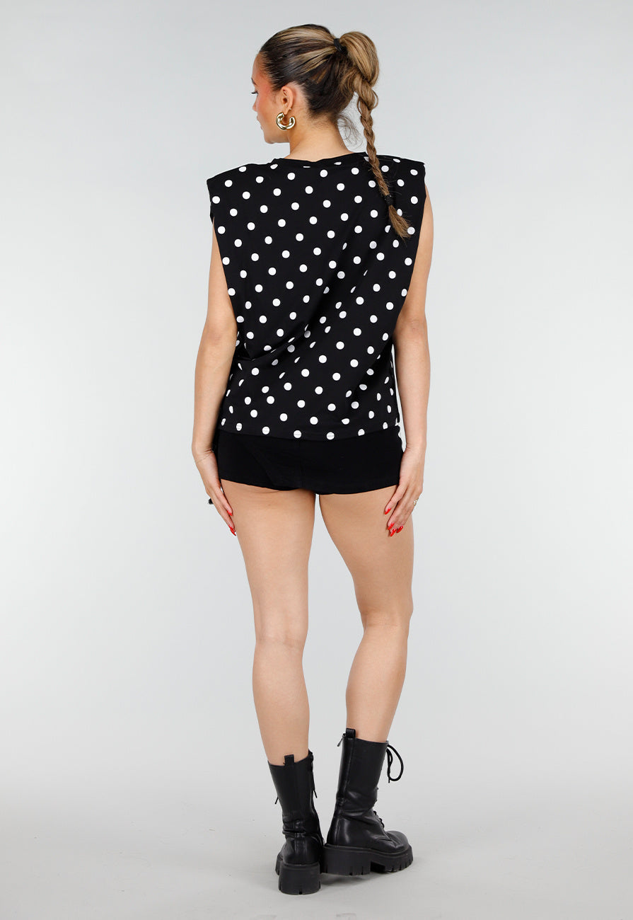 Zwarte Mouwloze Top met Witte Stippen en Schoudervulling