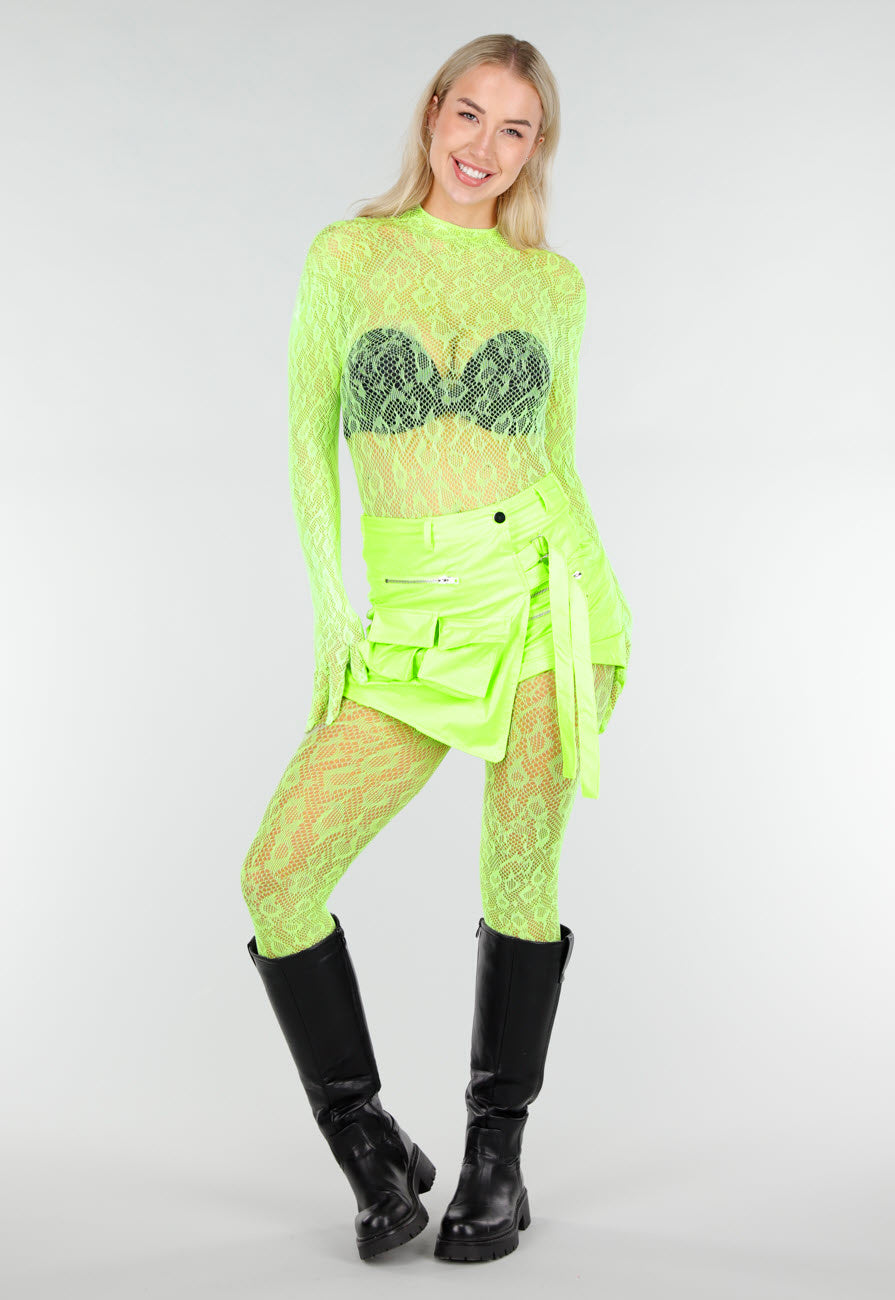 Neon Groene Transparante Fishnet Bodystocking met Open Rug