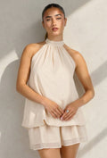 Beige Halter Mini Jurk met Open Rug en Striksluiting