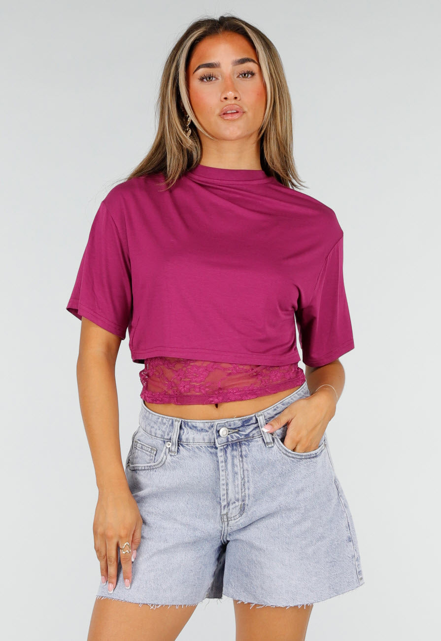 NEW190826 Paarse Crop Top met Kanten Taille en Korte Mouwen