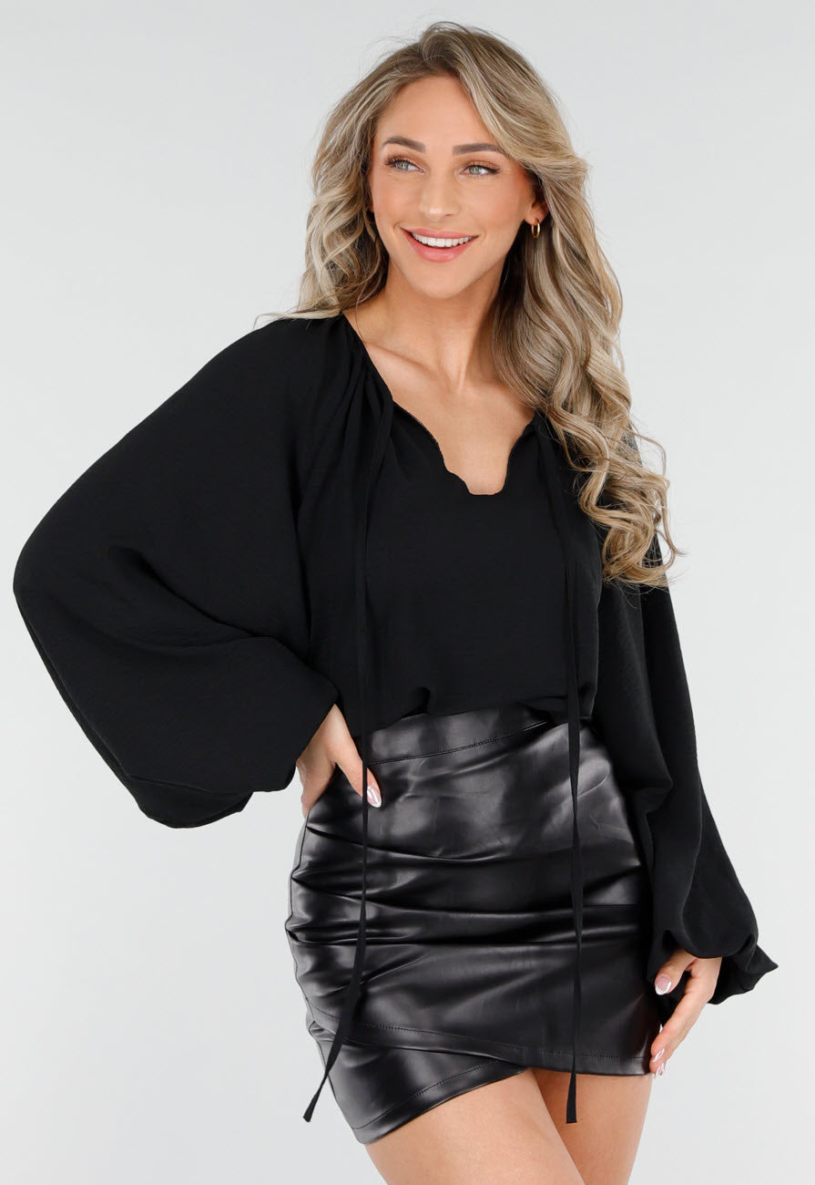 Zwart Geknoopte Blouse met V-hals en Lange Mouwen