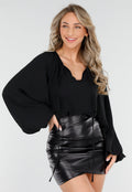 Zwart Geknoopte Blouse met V-hals en Lange Mouwen