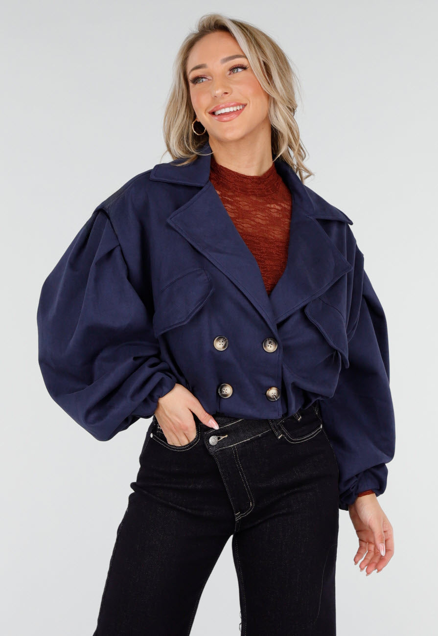 Navy Korte Suède Trenchcoat met Pofmouwen