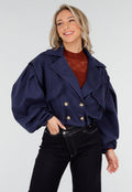 Navy Korte Suède Trenchcoat met Pofmouwen