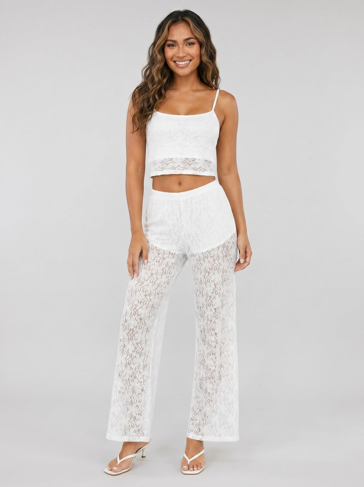 Witte Kanten Co-ord Set met Crop Top en Wide Leg Broek
