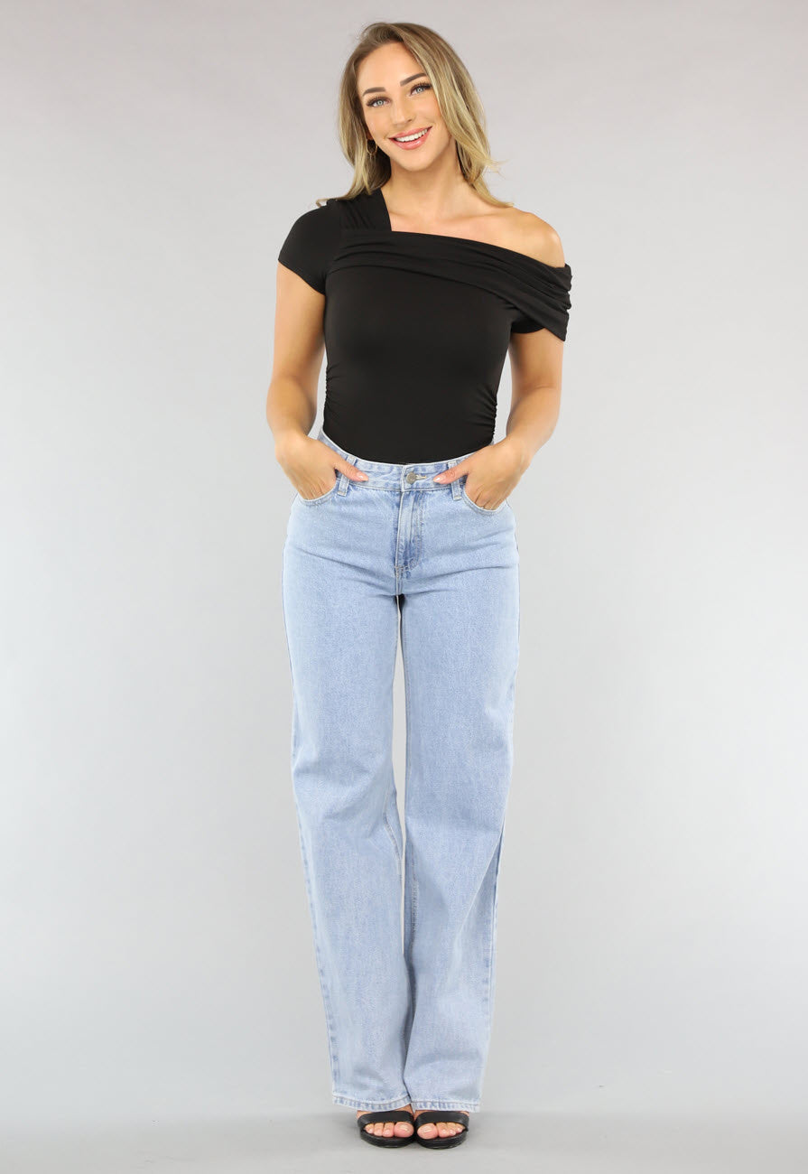 Zwarte Geplooide Top met Asymmetrische One Shoulder