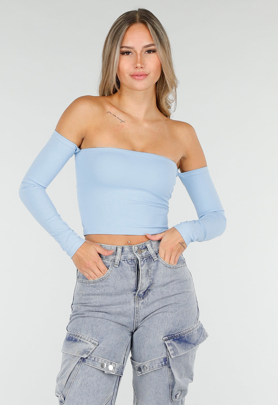 Blauwe Off Shoulder Top met Lange Mouwen en Stretchstof
