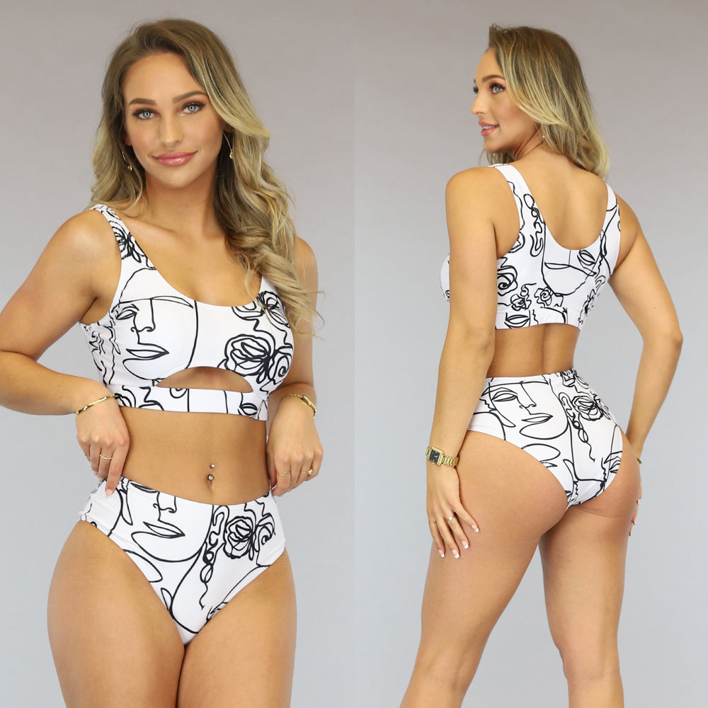 Wit High Waist Bikinibroekje met Lijnwerk
