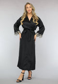 Zwarte Satijnen Kimono met Wijde Mouwen en Borduur Details